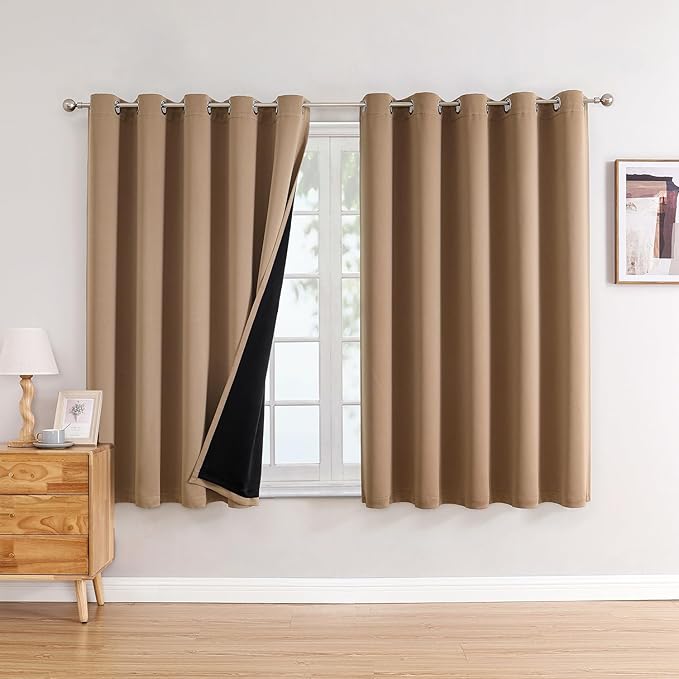 ChrisDowa 100% Blackout Curtains 84 inch Long for Bedroom with Black Liner, Extra Wide 2 Thick Layers Total Blackout Thermal Insulated Grommet Window Curtains 2 Panels Set (Cappuccino, 60 x 84 Inch)