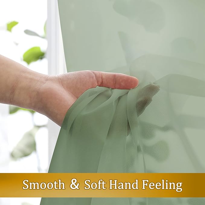 Aiyufeng Sage Green Sheer Curtains, 36 Inch Long, 2 Panels - Kitchen & Bathroom Cafe Curtains, Rod Pocket, 40" W x 36" L