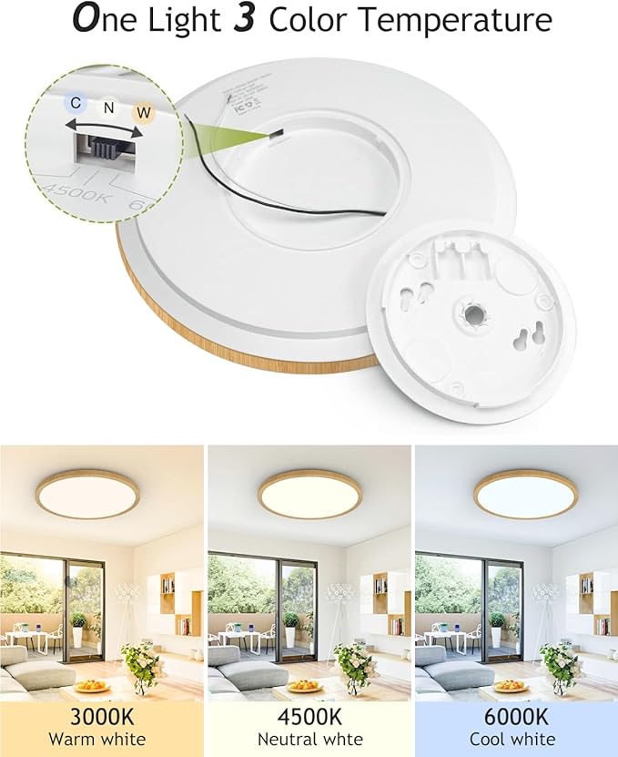 1PACK Flush Mount LED Ceiling Light Fixture Wooden, 12Inch 28Watt, Dimmable & 3000K-4500K-6000K 3 Color Selectable Ceiling Lamp 3200LM Low Profile Ceiling Light for Kitchen Bedroom Hallway Porch