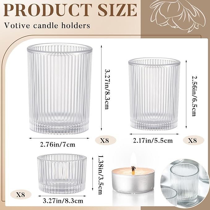 Mumufy 24 Pcs Assorted Votive Candle Holders Ribbed Glass Tealight Candle Holder Bulk for Table Centerpiece, Baby Shower, Home and Wedding Party Decoration (Clear)