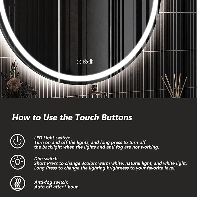 ROOMTEC LED Mirror,28" Round Backlit & Front-lit Vanity, Adjustable 3000K/4000K/6000K, Anti-Fog, Smart Touch, Stepless Dimmable