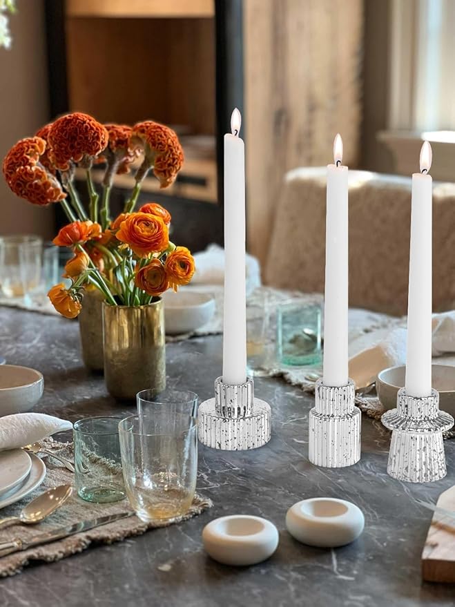 Vixdonos Taper Glass Candlestick Holders Tealight Candle Holders for Table Centerpieces, Wedding Decor and Dinner Party (3 Pcs, Silver with Speckles)
