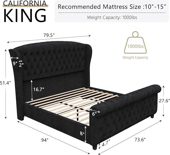 AMERLIFE California King Size Platform Bed Frame, Velvet Upholstered Sleigh Bed with Scroll Wingback Headboard & Footboard/Button Tufted/No Box Spring Required/Black