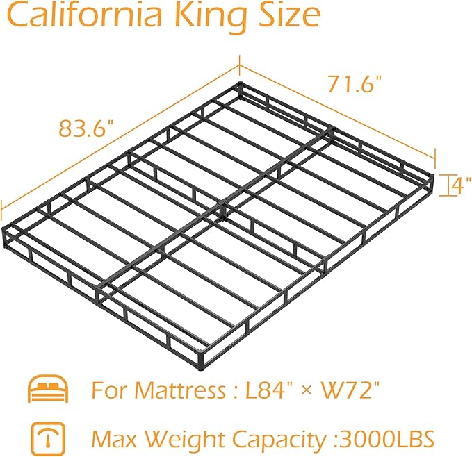 Cal King Box Spring 4 Inch Low Profile, Heavy Duty Metal Box Spring Bed Base with Fabric Cover, Mattress Foundation, Easy Assembly, Noise Free, Black