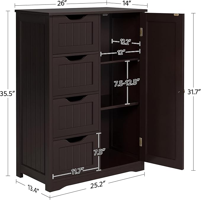 Yaheetech Large Bathroom Floor Cabinet with 4 Drawers and Single Door Cabinet, Freestanding Storage Cabinet for Living Room Kitchen Hallway, Espresso