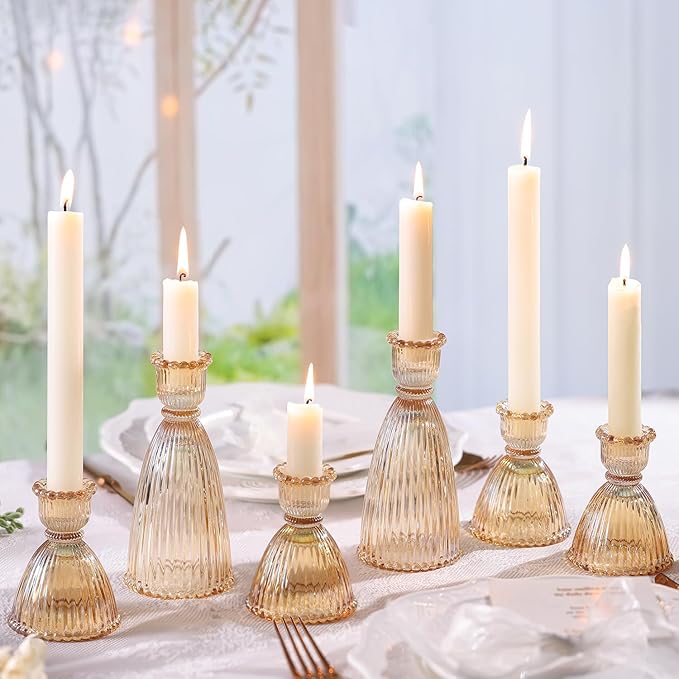 LAMORGIFT Gold Candlestick Holders Set of 6-4pcs 3.5"& 2pcs 6" Assorted Taper Candle Holder Centerpieces for Wedding, Ribbed Glass Candle Holders Bulk for Party Table Decor, Modern Home Decor