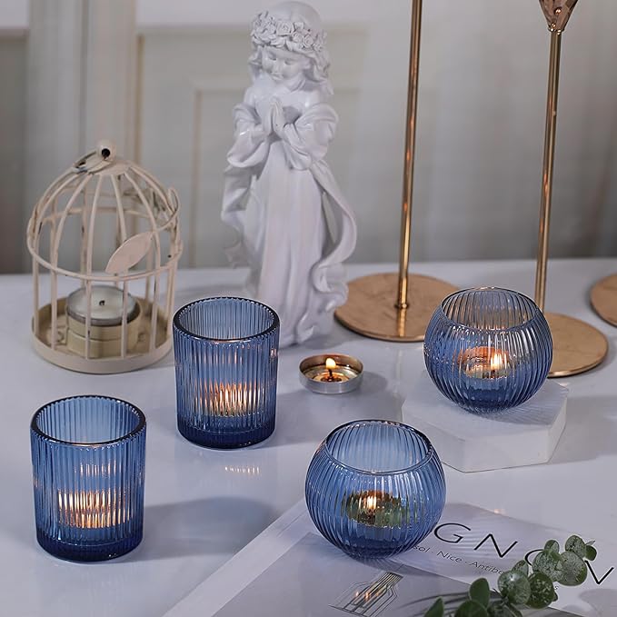 Blue Votive Candle Holders Set of 10- Round Blue Candle Holders Bulk, Glass Candle Holder for Wedding Table Decoration, Embossed Glass Votives, Tea Lights Candle Holder for Home & Party Decor
