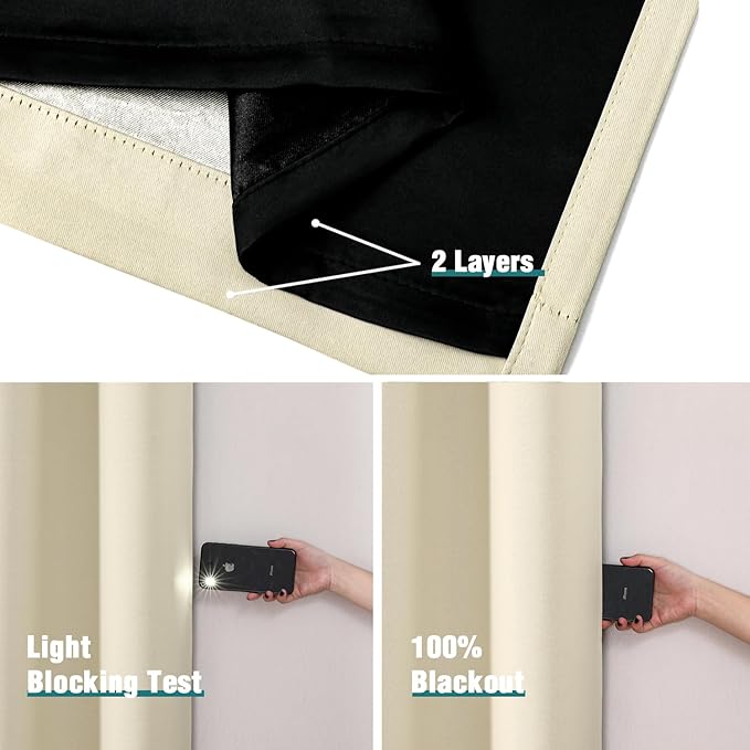 ChrisDowa 100% Blackout Curtains 108 inch Long for Bedroom with Black Liner, 2 Thick Layers Total Blackout Thermal Insulated Grommet Window Curtains 2 Panels Set (Light Beige, 52 x 108 Inch)