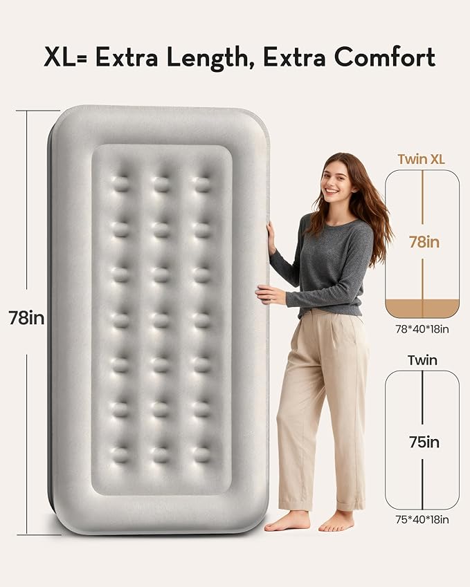 OhGeni Twin XL Air Mattress with Built in Pump for Guest, 18'' Colchon Inflables Blow Up Air Bed with Carrying Bag for Camping, Raised Elevated Double Airbed, Foldable & Portable Air Mattress, Black