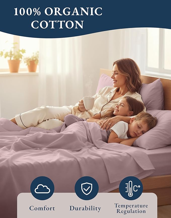 LANE LINEN Queen Size Sheets Set, 100% Organic Cotton Sheet Set, 4 Pc Queen Sheets, Percale Weave, Breathable Hotel Quality Queen Size Deep Pocket Cooling Sheet, Oeko-Tex Sheets - Lilac