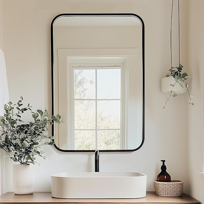 Antok Bathroom Mirror,30"x22" Wall Mirror, Decorative Mirrors Vanity Mirror Aluminum Alloy Frame Contemporary Hanging Mirror for Living Room Bathroom Entryway,Gold,Round Corner
