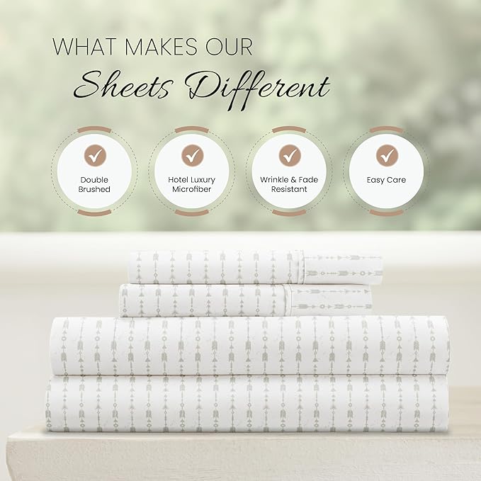 Linen Market 4 Piece King Sheet Set - Breathable, Double-Brushed Patterned Cooling Sheets – Oeko-TEX Certified Ultra Soft & Wrinkle-Free 16" Deep-Pocket King Sheets - Easy Care Beaded Arrows Gray