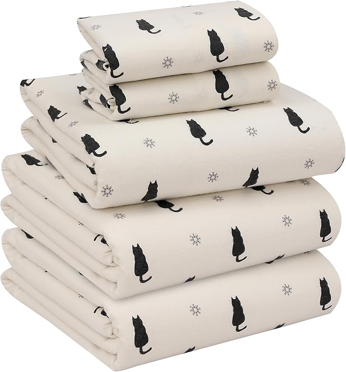 RUVANTI Flannel Sheets Split King Size - 100% Cotton Brushed Split King Bed Sheets Set, Deep Pockets 16 Inches, All Seasons Breathable & Extra Soft, Warm & Cozy, 5 Piece, Black Cat