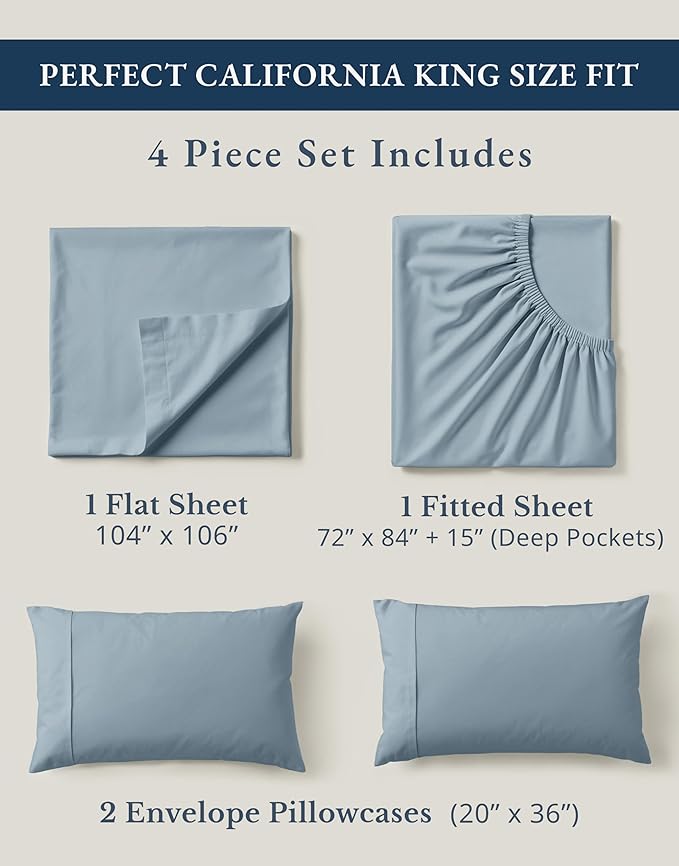LANE LINEN Sheets for California King Size Bed- 4Pc 100% Organic Cotton Cal King Size Sheets Set, Soft Percale Sheets, Luxury Hotel Sheets, 15" Deep Pocket California King Sheet Set - French Blue