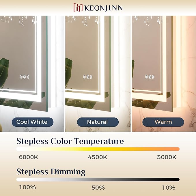 Keonjinn LED Bathroom Mirror 60" x 30" with Frontlit and Backlit, Tempered Glass Stepless 3 Colors Temperature & Dimmable Large Vanity Mirror, UL Listed LED Driver, Double Lights, Anti-Fog Wall Mirror