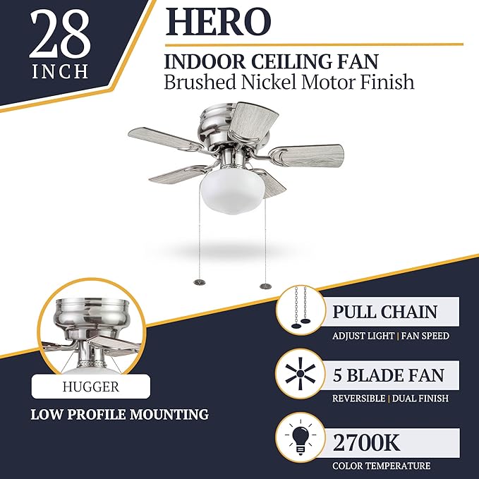 Prominence Home Hero, 28 Inch Traditional Flush Mount Indoor LED Ceiling Fan with Light, Pull Chain, Dual Finish Blades, Reversible Motor - 51656-01 (Brushed Nickel)