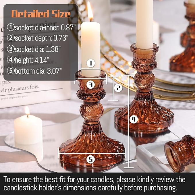 Amber Candle Holder Set of 12, Glass Taper Candle Holders, Amber Candlestick Holders, Candle Stick Holder for Table Centerpieces, Vintage, Home Decor