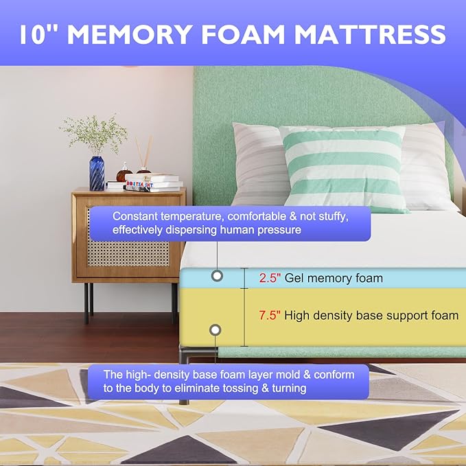 BestMassage | 10 Inch Twin XL Mattress | Gel Memory Foam | Medium Firm Feel | White | Bed in a Box, CertiPUR-US Certified | Pressure Relief, Cooling Ventilated Foam | Breathable Knit Cover