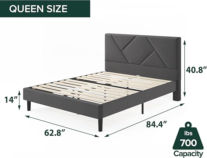 ZINUS Judy Upholstered Platform Bed Frame, Mattress Foundation, Wood Slat Support, No Box Spring Needed, Eco Friendly WonderBox (TM), Easy Assembly, Dark Grey, Queen