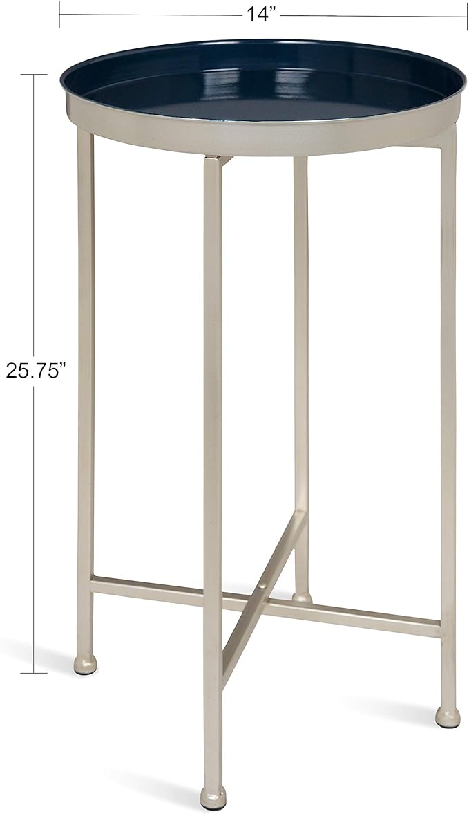 Kate and Laurel Celia Round Foldable Tray Accent Table, 14" x 14" x 25.75", Navy and Silver, Modern Minimalist Design and Magnetic Detachable Tabletop