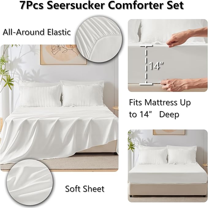 CozyLux Oversized King Comforter Set White Seersucker 7 Pieces 120x98 Bed in a Bag Comforter Set with Sheets, Luxury Soft Bedding Sets with Down Alternative Comforter, Sheets, Pillowcases & Shams