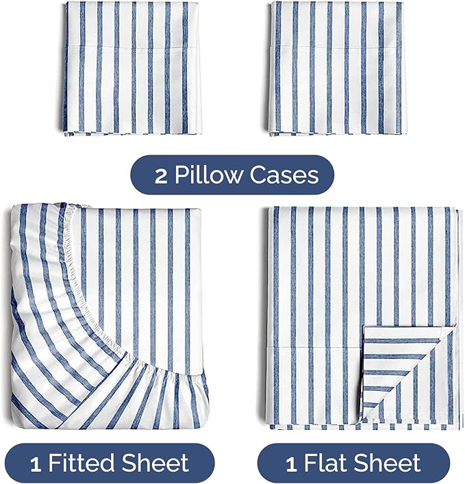 Twin 4 Piece Sheet Set - Comfy Breathable & Cooling - Soft Hotel Luxury Bedding Set with 8-16 Inch Deep Pockets - 1 Flat & 1 Fitted Sheet & 2 Pillowcases - Wrinkle Free & Easy Care - Blue Stripes 2