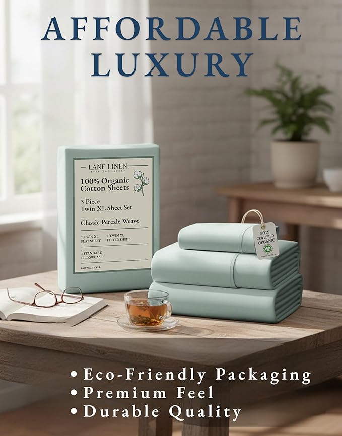 LANE LINEN 100% Organic Cotton Extra Long Twin Sheet & Pillowcase Sets, 15" Deep Pocket Fully Elasticized, Naturally Temperature Regulating Cotton Sheets Twin XL Bed Sheets- Cool Blue