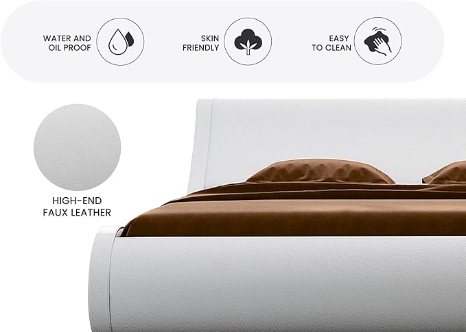 SHA CERLIN Modern Low Profile Platform Bed Frame Queen Size, Stylish Faux Leather Upholstered Sleigh Bed with Adjustable Headboard, No Box Spring Needed, White