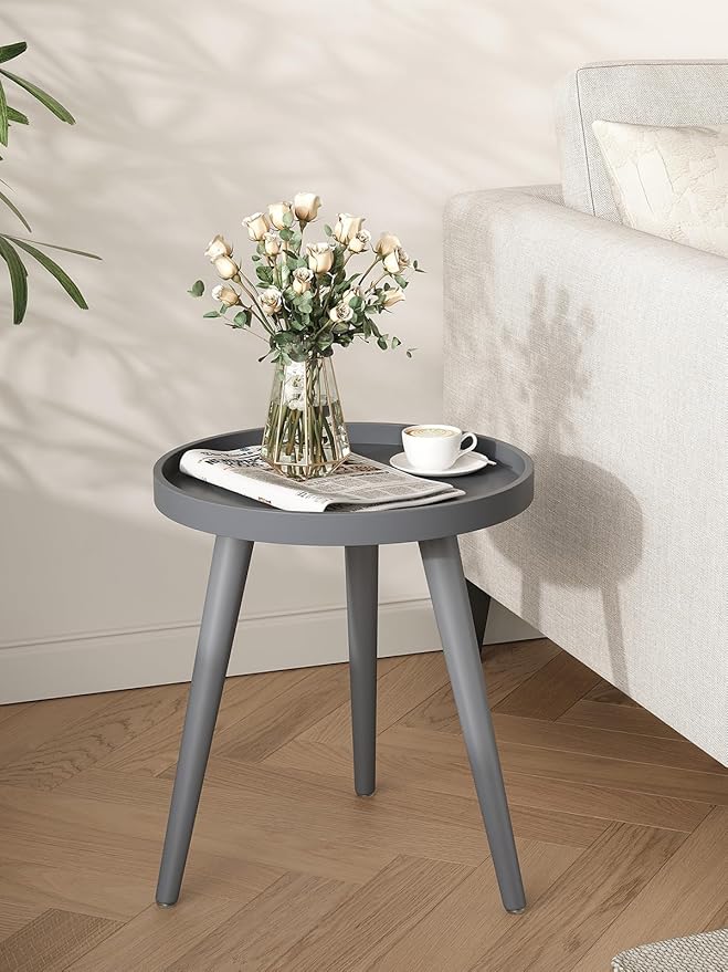 Apicizon Round Grey Side Table, Tray Nightstand Coffee End Table for Living Room, Bedroom, Small Spaces, Easy Assembly Bedside Table, 15 x 18 Inches