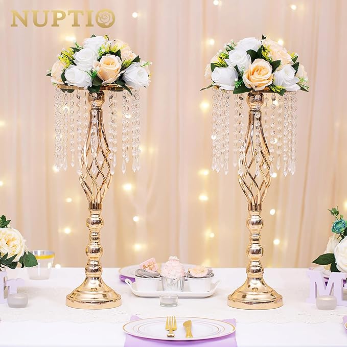 NUPTIO 6 Pieces Champagne White Fake Flower Ball Arrangement Bouquet 15 Heads Plastic Roses with Base, Suitable for Wedding Centerpiece Flower Rack for Parties Home Décor