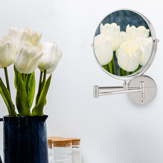 OVENTE 9" Wall Mounted Makeup Mirror with 1X/7X Magnification, Double Sided Magnifying Round Bathroom Vanity Mirror, 360° Swivel Design, Extendable and Folding Arm, Polished Chrome MNLFW90CH1X7X