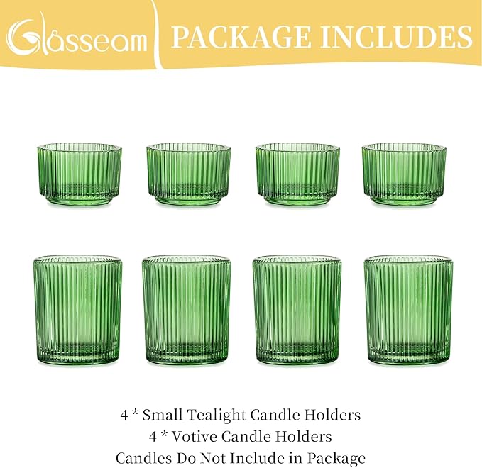 Glass Votive Tealight Candle Holder: Glasseam Small Green Tea Light Holders Set of 8 Decorative Ribbed Tea Lights Holder for Table Centerpiece Wedding Christmas Dining Room Decor