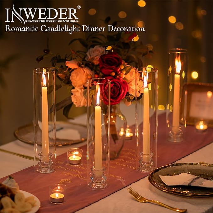 Glass Hurricane Candle Holder: 12" Tall Candlestick Holder Bulk with Cylinder Windproof Cover Set of 10 Clear Taper Candle Holders for Wedding Party Birthday Christmas Decor