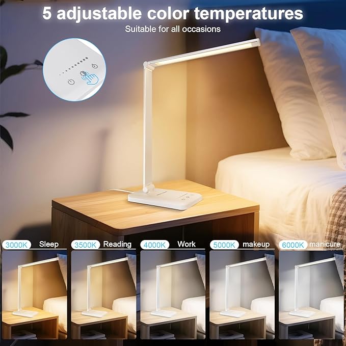 White crown LED Desk Lamp Dimmable Table Lamp Reading Lamp with USB Charging Port, 5 Lighting Modes, Sensitive Control, 30/60 Minutes Timer (White, First-Generation)