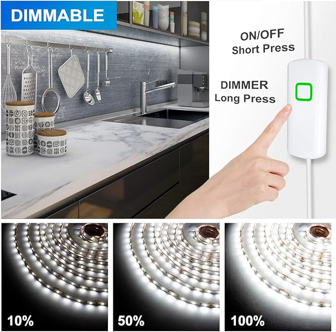 MYPLUS 65.6FT White Strip Lights, Dimmable LED Tape Light 6500K Bright Daylight White, Flexible Under Cabinet Lights with 1200 LEDs and UL Listed Safety Power Supply for Room,Kitchen and décor