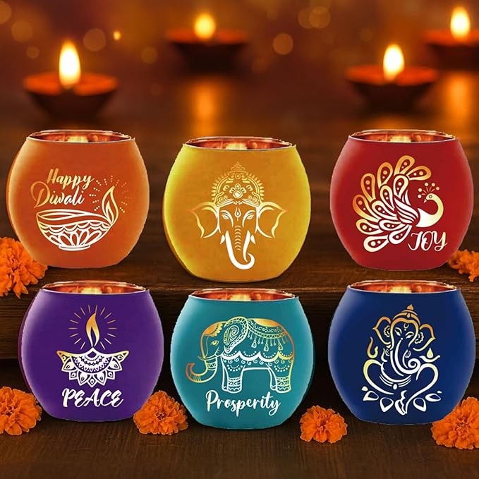 VIHOSE 6 Set Diwali Tealight Candle Holders Diwali Decorations for Home Glass Tea Light LED Battery Operated Candles Flameless Lights for Indian Table Centerpiece Party Decor Gifts