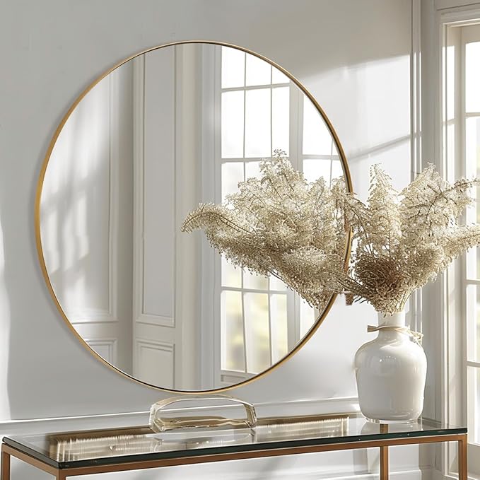 ANDY STAR Round Gold Mirror 30 inch, Brass Mirror with Brushed Gold Frame, Wall Mounted Stainless Steel Metal Frame Round Mirror for Bathroom, Living Room, Bedroom