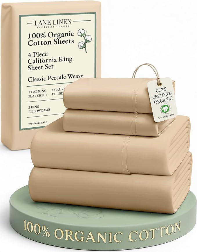 LANE LINEN 100% Organic Cotton Fully Elasticized California King Sheet Set, Low Pilling Fade Resistant Machine Washable Naturally Cooling Cal King Bedding Set, Soft & Comfy Cotton Sheets – Linen
