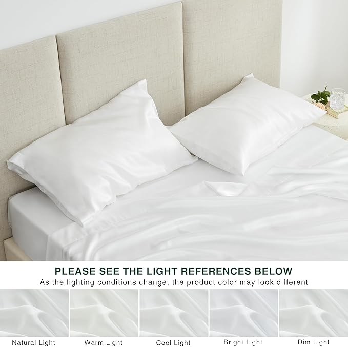 Love's cabin California King Satin Sheet Sets - 4 Piece White Silky Sheets Bed Set with Deep Pocket, Luxury Silk Feel Satin Cal King Sheet Set (1 Flat Sheet,1 Fitted Sheet,2 Pillow Cases)
