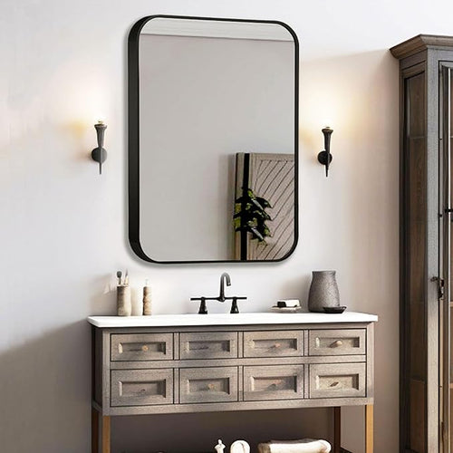 24"x36" Brushed Matte Black Metal Framed Rounded Rectangle Mirror, Wall Mounted Mirrors for Bathroom Entryway Vanity Living Room Bedroom, Vertical or Horizontal