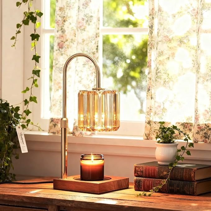 Candle Warmer Lamp with Timer, Dimmable Electric Candle Wamer Adjustable Height, Glass Modern Candle Melter Lamp, Amber, Gifts for Women Mom