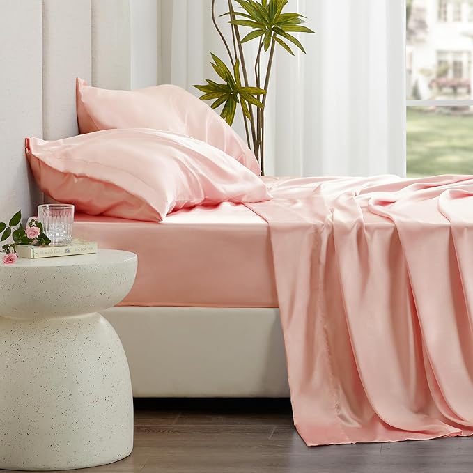 Love's cabin Satin King Sheet Sets - 4 Piece Coral Silky Sheets King Size Bed Set with Deep Pocket, Luxury Silk Feel King Size Satin Sheet Set (1 Flat Sheet,1 Fitted Sheet,2 Pillow Cases)