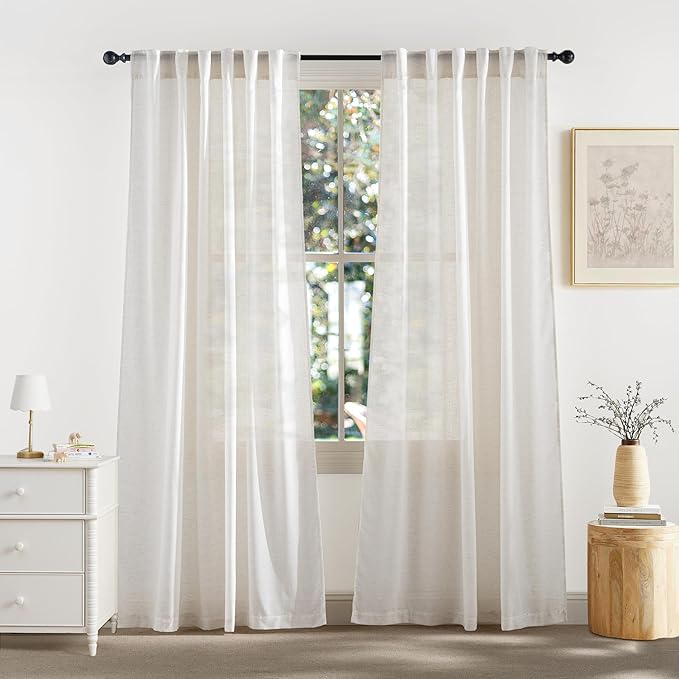 RYB HOME Linen Sheer Curtains Extra Long Window Drapes Light & Airy Translucent Panels for Bedroom Living Room, Office, Nursery, Rod Pocket Back Tab, Ivory, W 52 x L 102 inch, Set of 2
