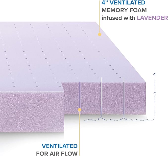 Mellow 4 Inch Ventilated Memory Foam Mattress Topper, Soothing Lavender Infusion, CertiPUR-US Certified, Short Queen