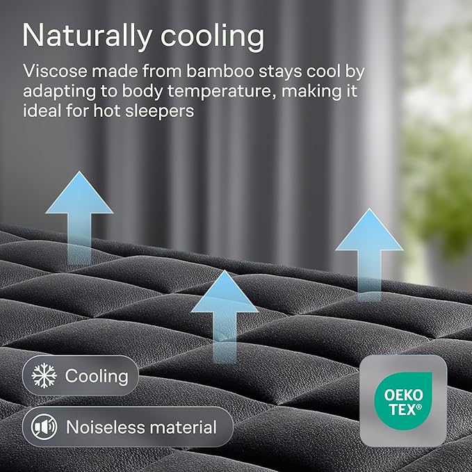Ultra Soft Queen Size Mattress Topper - Viscose Made from Bamboo Pillow Top Mattress Pad for Back Pain Relief - Naturally Cooling for Hot Sleepers, Black
