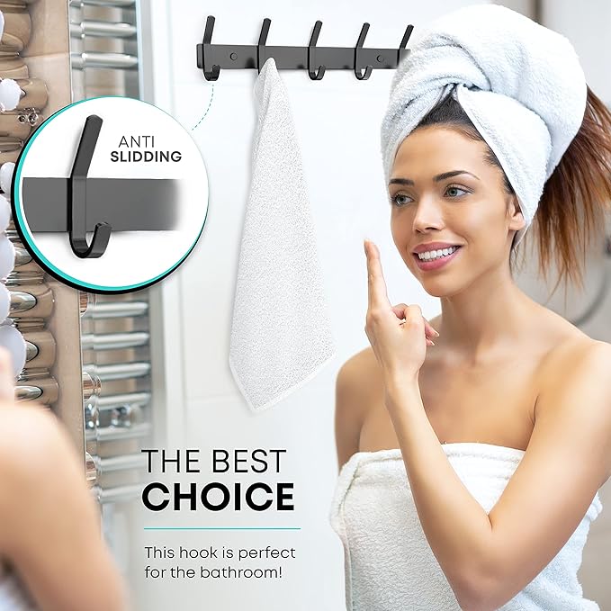 Matte Black Coat Rack Wall Mount – 15 Inch Stainless Steel Hook Rail with 5 Double Coat Hooks – Wall Mounted Entryway Organizer for Coats, Hats, Bags, Towels, Robes, Closet or Bathroom