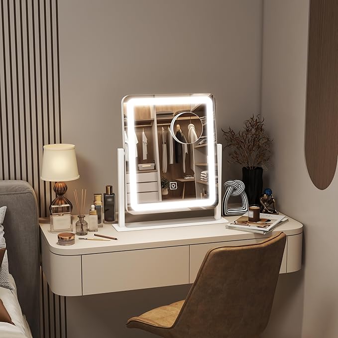 FENNIO Vanity Mirror with Lights - 15"x13" LED Lighted Makeup Mirror, Makeup Mirror with Lights, Touch Screen with 3-Color Lighting, Dimmable,10X Magnification Mirror for Vanity Desk Tabletop