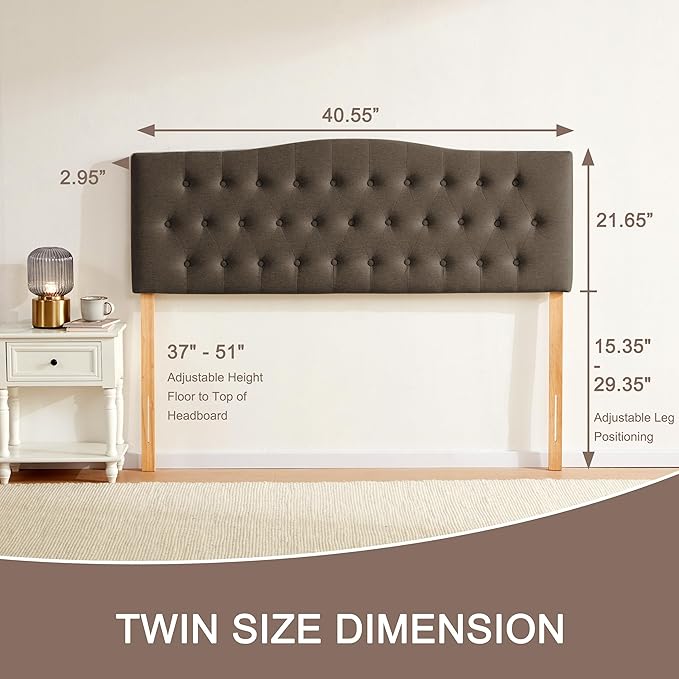 Tufted Upholstered Headboard Twin Size, Sturdy and Durable Solid Wood Bed headboard, Fabric Headboard Adjustable Height from 37” to 51”, Button Diamond Design Head Board, Chocolate