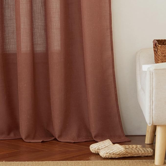 RYB HOME Natural Linen Blend Curtains for Kitchen Dining Room, Back Tab Boho Rustic Half Privacy Window Decor Semi Sheer for Bathroom Nursery, W 52 x L 72 inches, Terracotta, 2 Panels