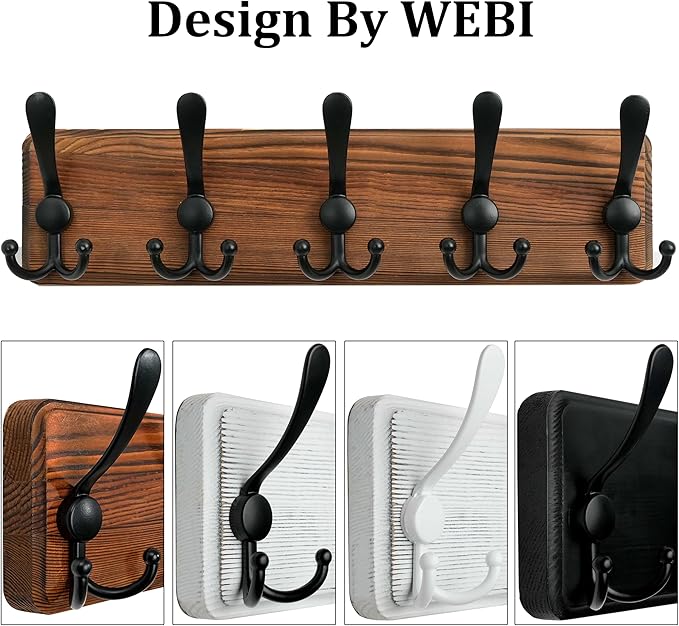 WEBI Rustic Coat Rack Wall Mount,Solid Wood Coat Hooks Wall Mounted Coat Hanger,16" Hole to Hole,Hook Rack Rail,5 Triple Hooks for Hanging Coats,Jacket,Clothes,Brown